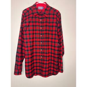 1970s Pendleton Red Spruce Green Christmas Plaid Wool Dagger Collar Shirt L Long